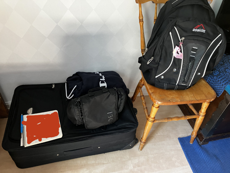 Resväska ryggsäck necessär och block