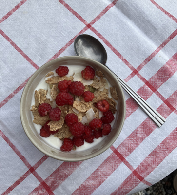 Yoghurt m müsli och nyplockade hallon