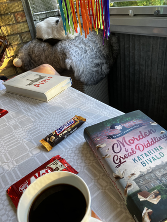 Kvällskaffe på balkongen med läsning choklad o katt