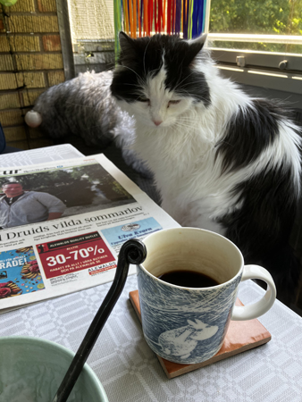 Lucifer vid frukostbordet på balkongen