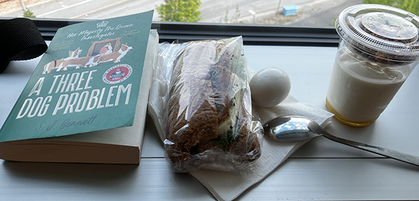 Boken A three dog problem en macka ett ägg och yoghurt