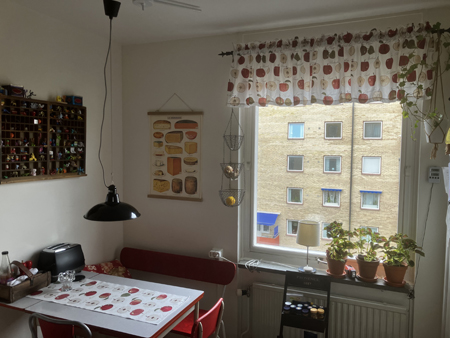 Köket med äppelkappa i nyputsat fönster och äppellöpare på bordet