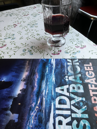 Ett halvt glas ripasso och boken Svartfågel på balkongen