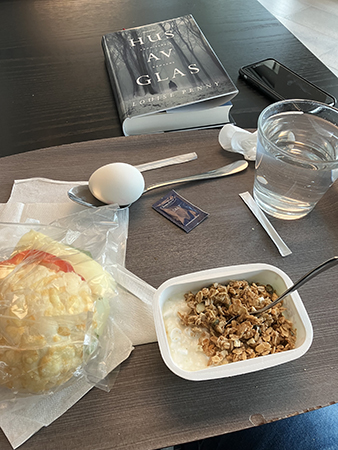 Lättlunch med keso ägg ostfralla vatten o boken Hus av glas