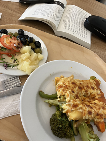 Pastagratäng med rotsaker och grönsakstallrik