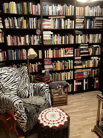 Zebrafåtöljen och bokhyllorna bakom