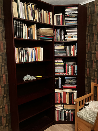 Påbörjad påfyllning av en hylla och hörnhyllan Påbörjad påfyllning av en hylla och hörnhyllan och Citrus sover på soffan Påbörjad påfyllning av en hylla och hörnhyllan och Citrus sover på soffan