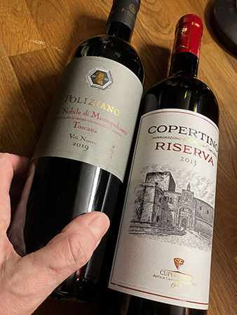 Två flaskor vin Poliziano Nobile di Montepulciano Viti Nuove 2019 och Copertino Riserva 2013