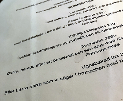 Ur menyn på Tegel Larre barre