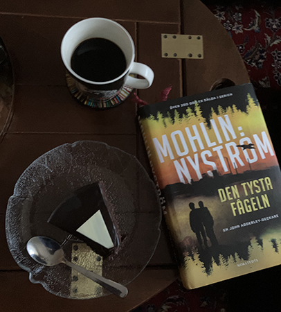 Födelsedagsfika på kvällen med boken Den tysta fågeln