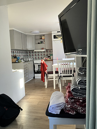 Utsikt från soffan mot köket på Rådstugugatan