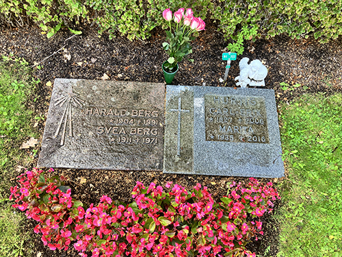 Vid graven med rosa o vita rosor