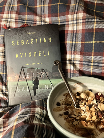 Boken Vedergällning och fil på sängen