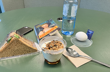Jobblunch med trekantsmacka yghurt ägg o boken Kurtisanen