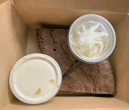 Två bitar kladdkaka och grädde