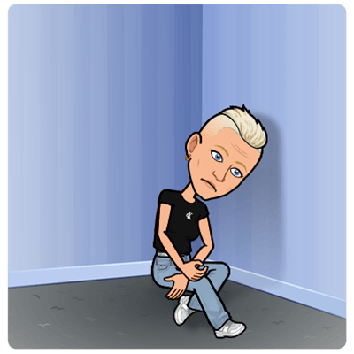 Bitmoji Tofflan sitter i ett hörn