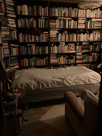 Bokhyllor säng litet bord piedestal fåtölj