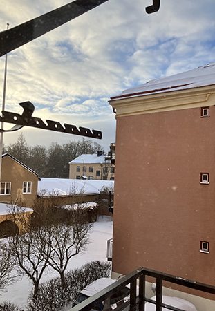 Tittar på hus och vintergårdar genom balkongfönster