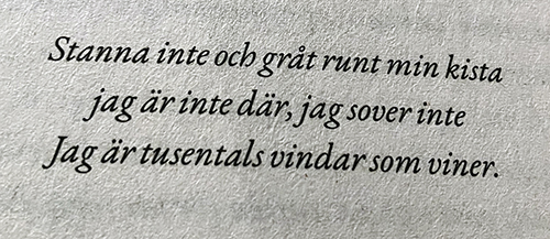 Stanna inte och gråt runt min kista citat ur Färskt vatten till blommorna