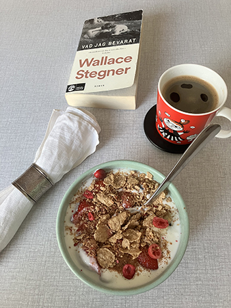 Frukost med linneservett bok fil o kaffe