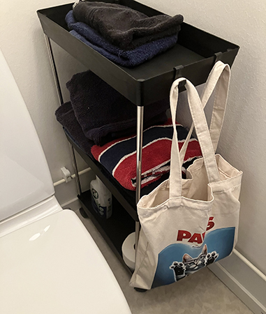 Rullvagnen på gästtoan med handdukar o kassenn Paws