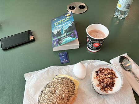 Jobblunch med macka yoghurt ägg o bok