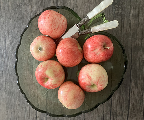 Äpplen med pärlemorknivar i grön skål