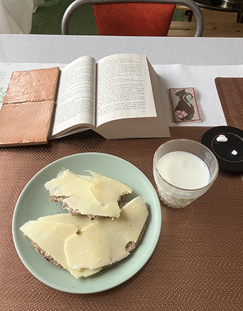 Knäckemackor med ost o mjölk medicin bok o kattbokmärke