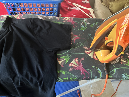 Tischa och strykjärn på strykbräda