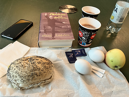 Lunch med macka ägg äpple boken Dansaren och demonerna