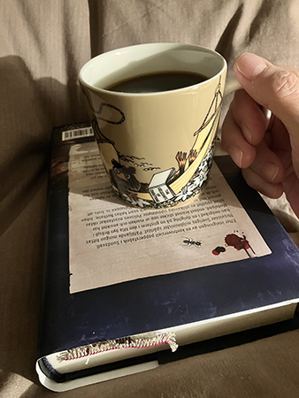 Muminmugg med kardemummakaffe på boken Drottningen