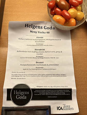 Kvällens meny Helgens goda från ICA Torgkassen kalkonmiddag trerätters