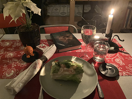 Smörgåstårta vitt vin Hopptimisten vit julstjärna o boken Nattens öga