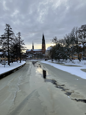 Ån och domkyrkan vinter fotade från Haglunds bro