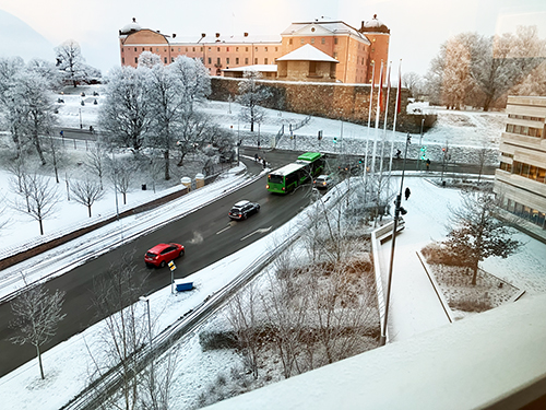 Slottet februarimorgon med snö från jobbfönstret Slottet februarimorgon med snö från jobbfönstret