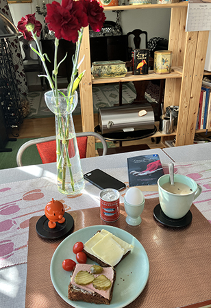 Hemmalunch med Hopptimisten Elliott nejlikor mackor ägg o Varma koppen svamp