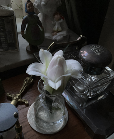 Liljan i lilla vasen på skrivbordet