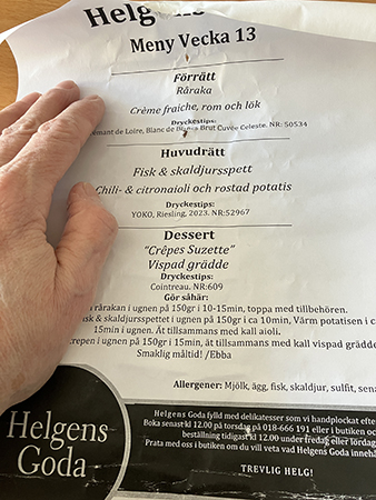 Lördagsmenyn som Ebba på ICA Torgkassen har komponerat v 13 2025