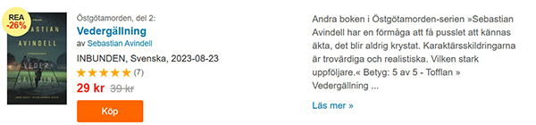 Citerad Bokus om Sebastian Avindells bok Vedergällning