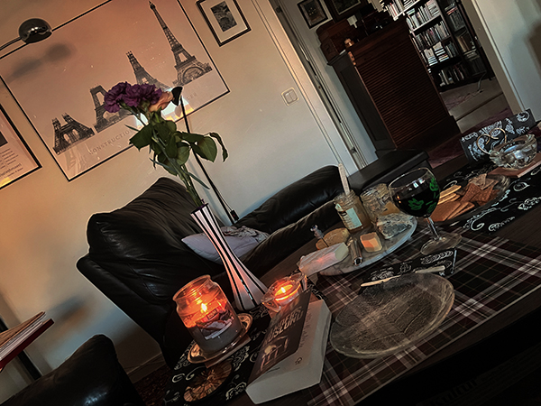 Onsdagsmiddag med ost kex och rödvin bok vid soffbordet