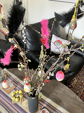 Påskris med delvis utslagna körsbärskvistar o vide