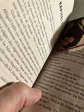 Bok uppslagen i handen med kattbokmärke