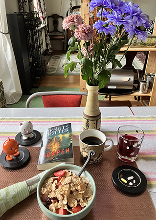 Torsdagsfrukost med blåa krysantemum Korpen o Hopptisarna