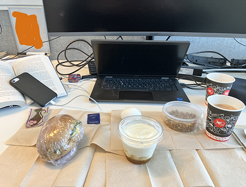 Jobblunch vid skrivbordet med läsning