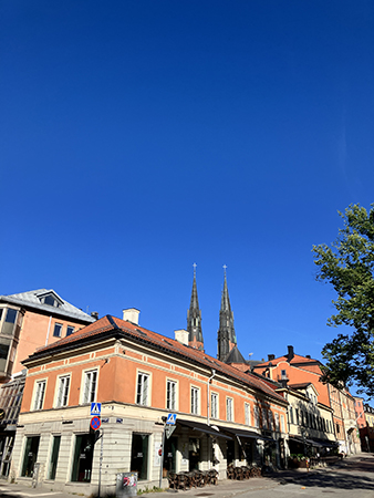Domkyrkotornen mot blå himmel junimorgon 2025