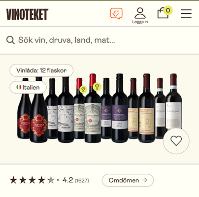 Tolv flaskor italienskt rödvin från Vinoteket