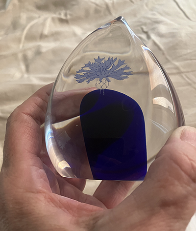 Jag håller konstglas med blåklint