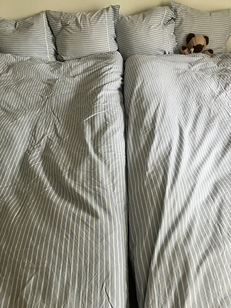 Jag har bäddat rent i dubbelsängen ljusblå o vitandigt Nallisen hoppat i