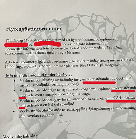 Hyresgästinfo om hissarbete o störande ljud
