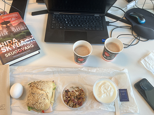 Jobblunch vid skrivbordet med boken Skuggvarg